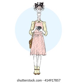 giraffe hipster girl with photo camera, furry art illustration, fashion animals, hipster animals, dressed up animals