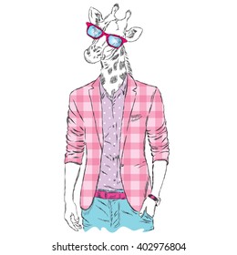 Giraffe - hipster in a jacket and sunglasses. Vector illustration.