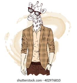 Giraffe - hipster in a jacket and sunglasses. Vector illustration. 