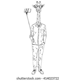 giraffe hipster making selfie, dressed up animals, furry art illustration, fashion animals, hipster animals