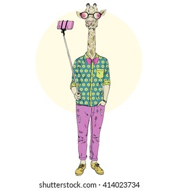 giraffe hipster making selfie, dressed up animals, furry art illustration, fashion animals, hipster animals