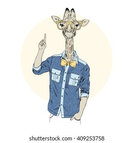 Giraffe-Hipster zeigen auf. Furry Art Illustration. Modetiere. Hipster-Tiere.