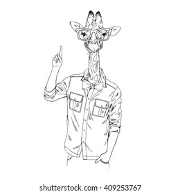Giraffe hipster point out up. Furry art illustration. Fashion animals. Hipster animals.