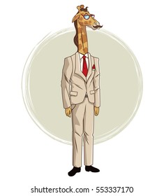 giraffe hipster style with beige suit red tie mustache and glasses