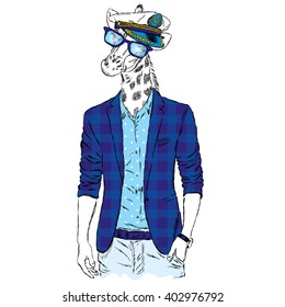 Giraffe - hipster wearing a jacket, captain's cap and glasses. Vector illustration.