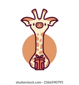 Giraffe is holding birthday gift Logo Cartoon Mascot character vector icon illustration