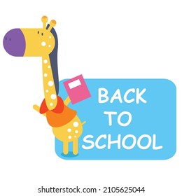 a giraffe holding a book ready to go back to school