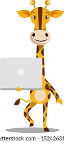Giraffe holding laptop, illustration, vector on white background.