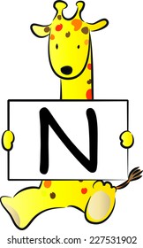 Giraffe holding the letters of the alphabet cards