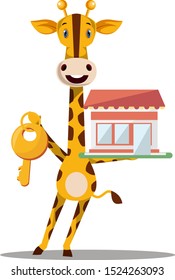 Giraffe with house key, illustration, vector on white background.