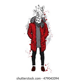 Giraffe with the human body in a jacket. Vector illustration for greeting card, poster, or print on clothes. Fashion & Style. Hipster.