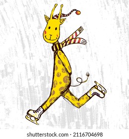 Giraffe ice skating with her arms behind her back and wearing a striped scarf and hat. Ice skating animal mascot illustration concept.