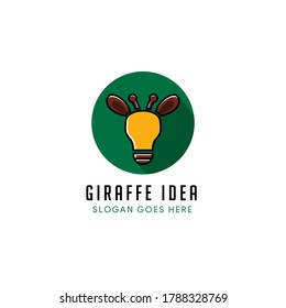 giraffe idea logo design template on circle shape. the logo combination of blub lamp, giraffe animal isolatied on green background