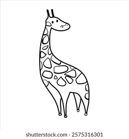 giraffe illustration, black and white cartoon style, vector format, good for children's coloring teaching materials, clothing, and visual elements and others