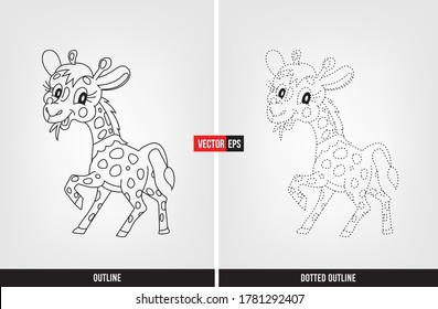 Giraffe Illustration color and trace, tracing worksheet for preschool and kindergarten vector