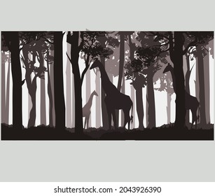 giraffe illustration in a forest.Beauty of nature concept background.landscape illustration - flat design for wallpaper.