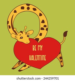 Giraffe illustration with a heart valentine's day card