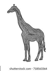 A giraffe illustration icon in black offset line. Fingerprint style for logo or background design.