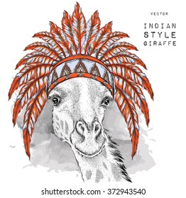 Giraffe in the Indian roach. Indian feather headdress of eagle. Hand draw vector illustration