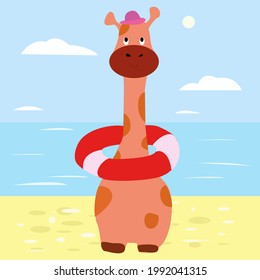 Giraffe in an inflatable circle on the beach. Illustration for children.