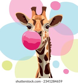 The giraffe inflates a big pink bubble of chewing gum. On the background of translucent multi-colored circles.