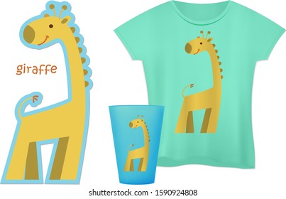 Giraffe isolated. Giraffe, T-shirt and Cup Vector illustration