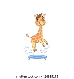 Giraffe Jumping On Trampoline Outlined Flat Vector Illustration In Cute Girly Cartoon Style Isolated On White Background