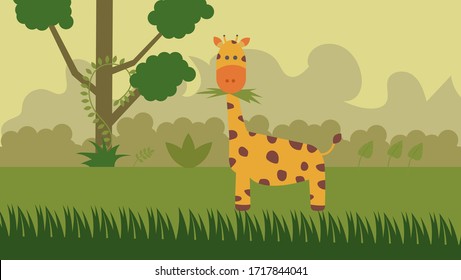Giraffe Jungle Cartoon Vector. 
giraffes eat grass. 