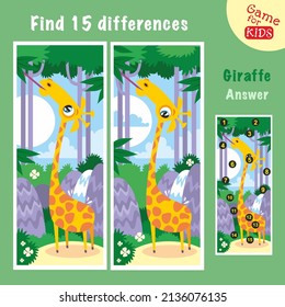 Giraffe in jungle. Find 15 differences. Game for children. Activity, vector.