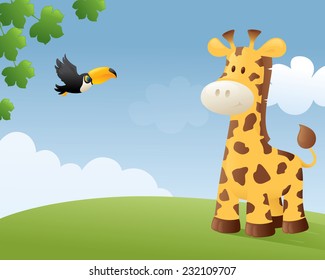 Giraffe in a jungle scene.