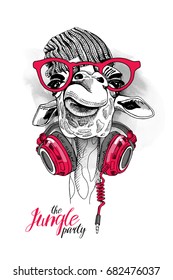 Giraffe in a Knitted hipster hat, a red glasses and with Headphones on the neck. Vector illustration.