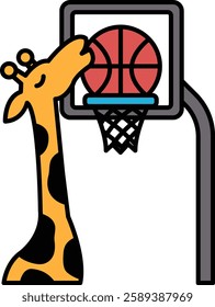 A giraffe is leaning over a basketball hoop and sniffing the basketball. The image is playful and whimsical, with the giraffe's unusual height and the basketball's round shape