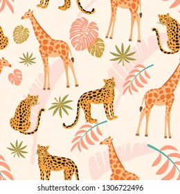 Giraffe and leopard pattern with tropical leaves. Vector seamless texture.