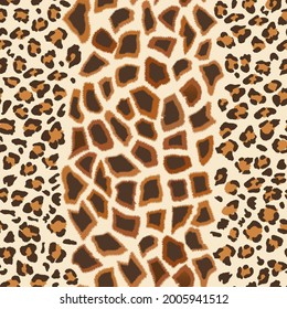 Giraffe and leopard seamless pattern in vector. Trendy background, wild animal print 