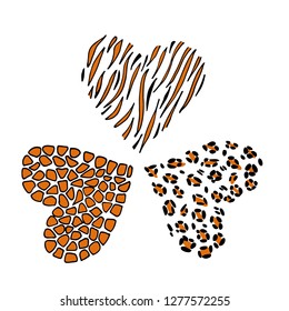 Giraffe, leopard and tiger print skin in the shape of a heart. Vector illustration. Valentines day. Greeting card.