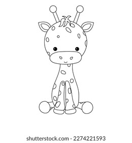 Giraffe. Line drawing of a giraffe. Child's sitting position. Cuteness. Polka dots. Cartoon pictures. Toys. Dolls, coloring books.