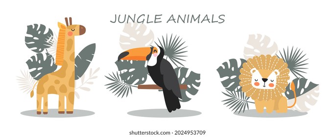Giraffe, lion and cockatoo. Cute animals in jungle. Wildlife posters and icons for kids. Picture for printing on fabric and children clothing. Flat vector illustration isolated on white background