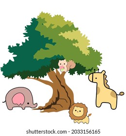 giraffe, lion, elephant under the tree and a squirrel on a tree