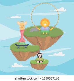 giraffe lion and female sloth bear playing fantasy fairy tale vector illustration