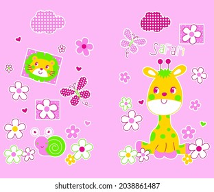 giraffe lion flower garden Cartoon cute background illustration vector silkscreen baby animal