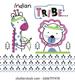 giraffe and lion the indian tribe funny animal cartoon,vector illustration