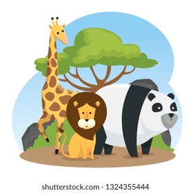 giraffe with lion and panda wild animals