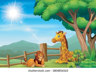 A giraffe and lion sitting and enjoying at the zoo