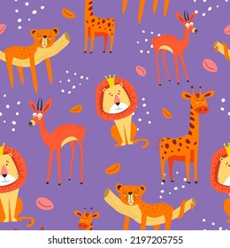 Giraffe and lion wearing crown, king of jungles. Cute animals, sleepy cheetah lying on branch of tree. Wildlife creatures and fauna. Vector in flat style, seamless pattern, background or wallpaper