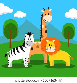 A giraffe a lion and a zebra in a jungle