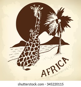 Giraffe and a little monkey at sunset. Landscape Africa.