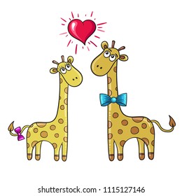 Giraffe in love, romantic cartoon animals