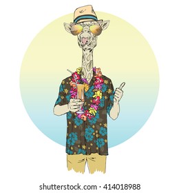 giraffe man dressed up in aloha shirt with cocktail, furry art illustration, fashion animals, hipster animals