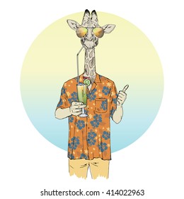 giraffe man dressed up in aloha shirt drinking cocktail, furry art illustration, fashion animals, hipster animals