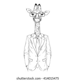 giraffe man dressed up in office style, furry art illustration, fashion animals, dressed up animal, business illustration